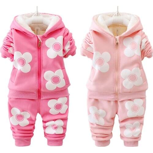VOGUEON 2021 Winter Thicken Fleece Clothing Set for Kids Baby Girls Flower Print Hooded Coat + Pants Outfits Warm Toddler Jacket