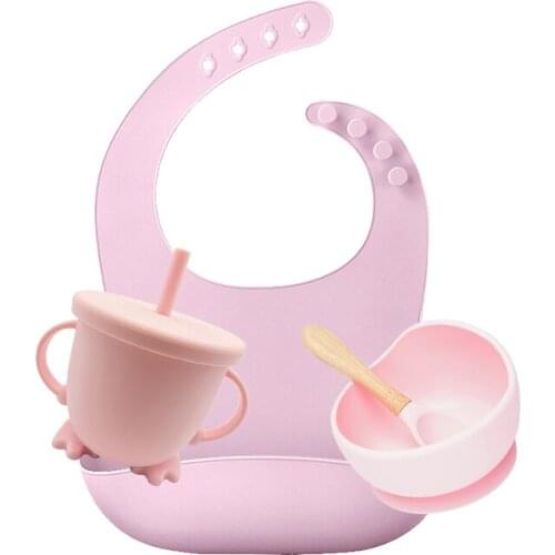 1 Set Waterproof Soft Silicone Baby Bibs Bowls Set Solid Color Baby Feeding Stuff Kids Girls Boys Drinking Cup Children Bib