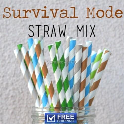 250pcs Mixed 5 Designs Green Blue Brown Gray Lime Striped Paper Straws Wholesale - Survival Mode - Party Supplies Decorations