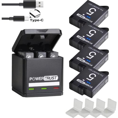 PowerTrust Battery for GoPro Hero 8 Hero7 Hero 6 hero 5 Black Battery+USB Triple Charger with Type C Port for GoPro Hero7 6 8