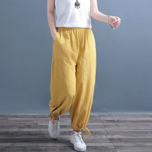 Spring Summer Loose Cotton Linen Pants Women Vintage Elastic Waist Lantern Trousers Women Casual Black White Women Pants HK271
