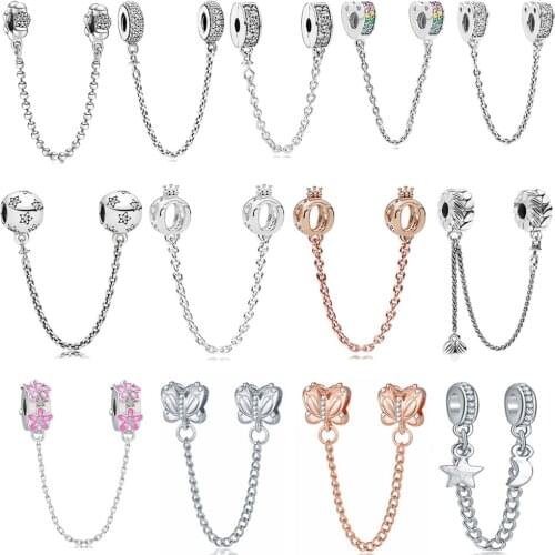 New Sparkling Zircon Safety Chain Dangle Beads Fit Original Pandora Charms Bracelet DIY Pendant Fashion Women Jewelry Gifts