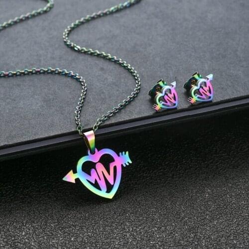 2020 New Vintage Punk Heartbeat Pendant Metal Clavicle Chain Choker Necklace for Women Heart Stud Earrings Girls Party Jewellery
