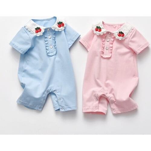 Korean childrens clothing cotton baby one-piece spring newborn baby clothes cotton plain cherry lace collar jumpsuit