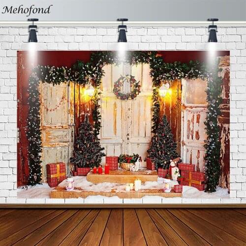 Mehofond Merry Christmas Backdrop Wooden Door Wreath Tree Rabbit Decor Photography Background Prop Photo Studio Banner Photozone