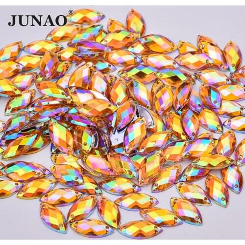 JUNAO 7*15mm Sewing Yellow AB Horse Eye Rhinestone Flat Back Crystal Stone Acrylic Strass Applique for Clothing Crafts