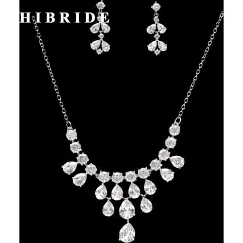 HIBRIDE European Style Water Drop Cubic Zircon Pendant Necklace Earring Set Women Bridal Jewelry Sets Dress Accessories N-268