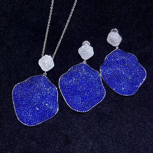 Blue green color irregular 925 sterling silver with cubic zircon drop earring and pendant jewelry set fine jewelry for party