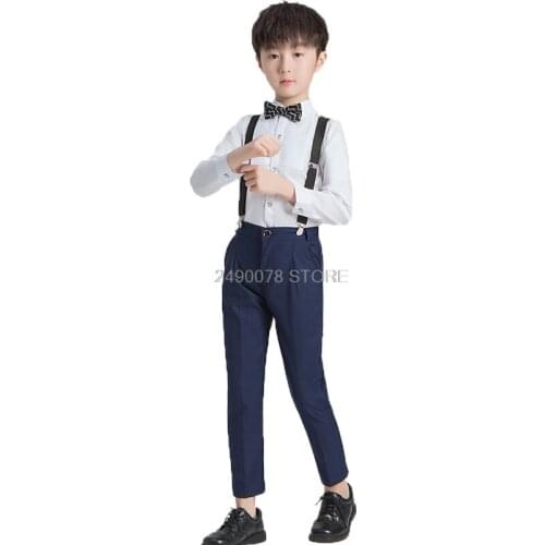 Flower Boys Wedding Suit Gentleman Kids Formal Dress Prince Strap Shirt Pants Bowtie 4Pcs Girls Piano Performance Costume