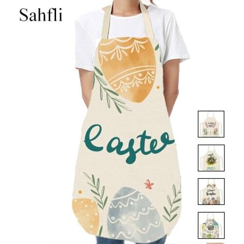 YES-Easter Egg Series Printed Cotton Linen Kitchen Apron Rabbit Sleeveless Aprons Home Cooking Baking Accessories Cleaning Tools