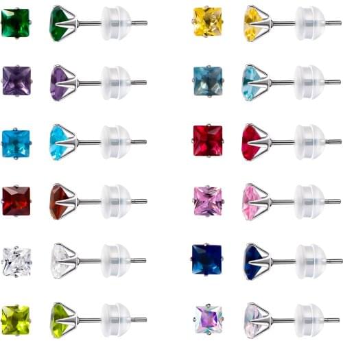 12 Pairs Surgical Stainless Steel Stud Earrings,Birthstone Square Cubic Zirconia Earring Sets for Women Girls with Size 3 4 5mm