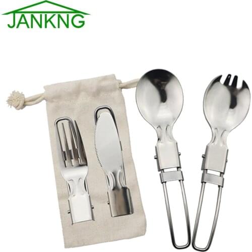 Reusable Folding Flatware Set Camping Tableware for Picnic Hiking Survival Stainless Steel Cutlery Outdoor Cooking Supplies Fork