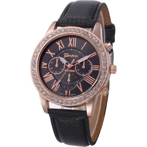 High Wholesale High Quality Crystal Leather Watch Women Fashion Cute Dress Wrist Watch Luxury Leather Roman Number Watches