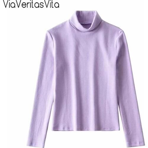 2020 Autumn Womens Turtleneck Solid Tshirts Thin Long Sleeve Tshirt Purple Cropped Casual Blouses Female Skinny Pullover Tops Z
