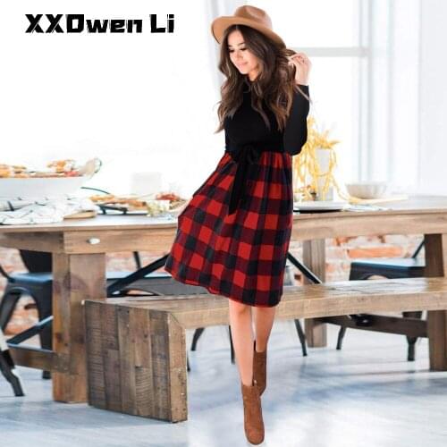 Autumn Women Fashion Plaid Patchwork Belt Long Sleeve Dress 2021 Winter Casual Slim Midi Dresses Ladies Leopard Party Dress