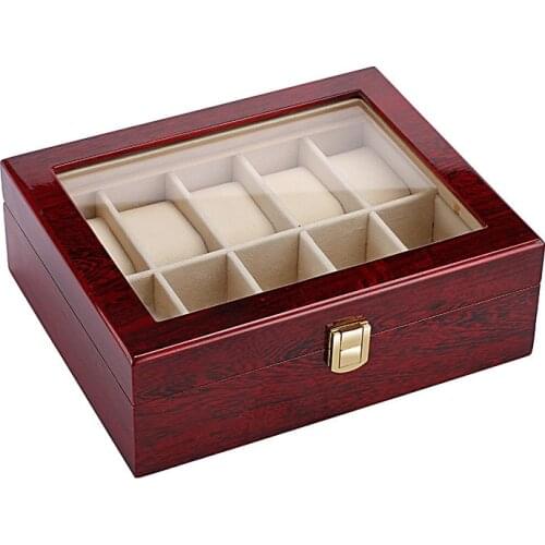 Luxury Wooden Watch Box Case Casket Display Box Watch Storage Organizer 12 Seats Square Buckle Lock Piano Paint Present Cabinet