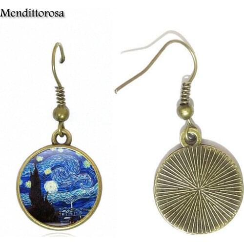 Mendittorosa Van Gogh Starry Night Glass Cabochon Bronze/Silver/Golden Clip Ear Hook Drop Earrings For Women