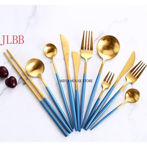 Blue Gold Steak Knife Fork Coffee Spoon Teaspoon Food Tableware Set Noble Western Wedding Party Home Upscale Gold Cutlery Set