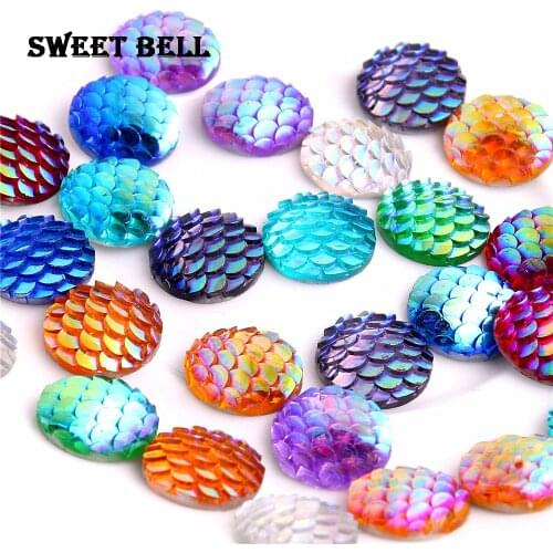 SWEET BELL 100pcs 12mm Mix color AB Colors Fish Scale Style Flat back Resin Cabochons For Bracelet Earrings accessories KB1331