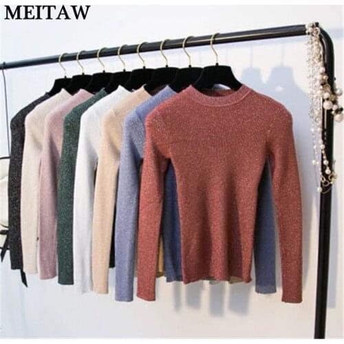 Autumn Women Slim Cotton Sweater 2020 Solid Long Sleeve O-Neck Vintage Sweaters Female Bright Lines Korean Sweaters