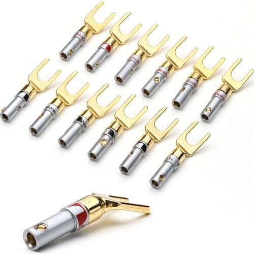 Y/U Type Gold Plated Copper Banana Plug 12PCS Nakamichi Cable Wire Connector Fork Spade Speaker Plug Adapter Terminals for Audio
