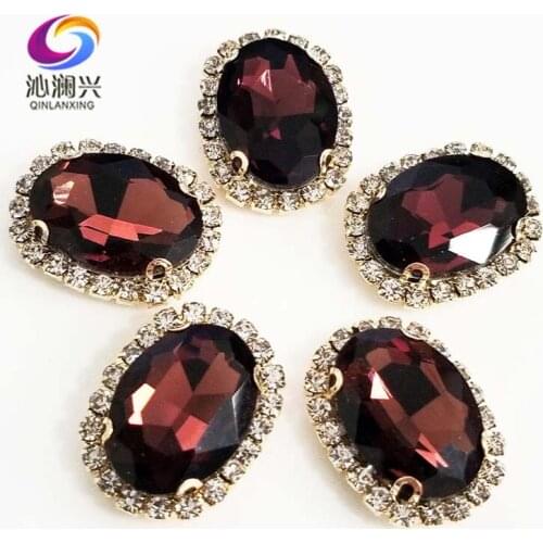 Wine red oval shape top quality Glass Crystal buckle,golden base sew on rhinestones,Diy/Clothing/wedding decoration SWTKG18