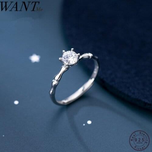 WANTME High Quality 925 Sterling Silver Princess Round CZ Bamboo Finger Rings for Women Wedding Engagement INS Jewelry Gift 2020