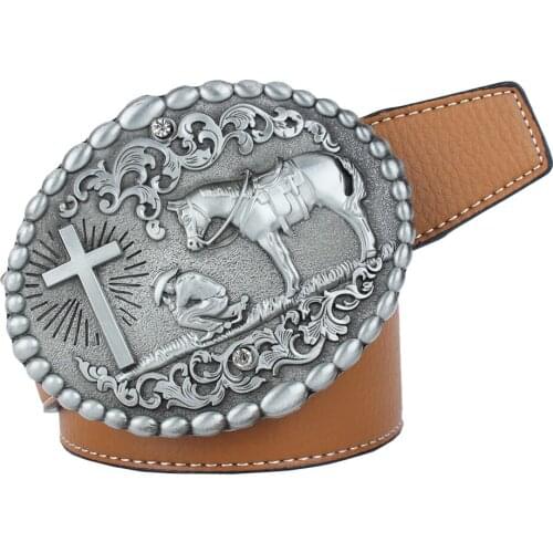 Western Cowgirl Leather Belt Rodeo Horse & Cross Rider Buckle Motorcyclist