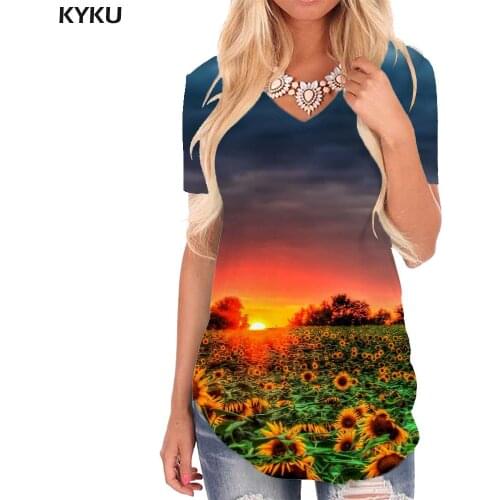 KYKU Sun T Shirt Women Galaxy Funny T shirts Cloud V-neck Tshirt Ocean Tshirts Printed Womens Clothing Hip hop Loose Streetwear