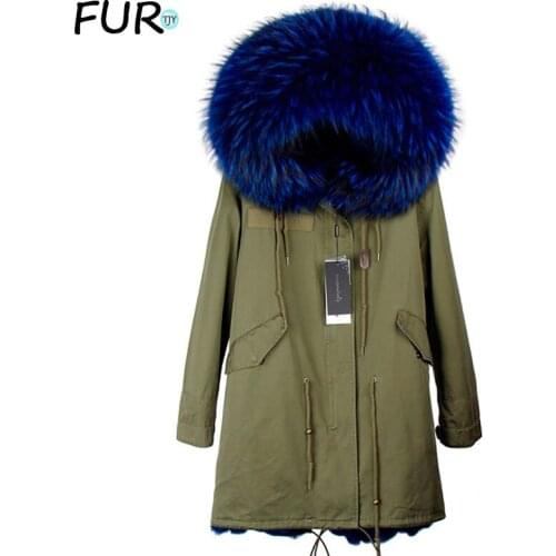 2020 Winter New Women Army Green Parka Jacket Coats Thick Real Raccoon Fur Collar Hooded Fur Lining Long Version Hot Sale Brand