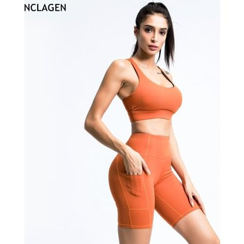 Womens Sports Suit Yoga Gym Set Workout Clothes Running Bra Shorts With Pockets Tracksuit For Fitness Sportswear NCLAGEN