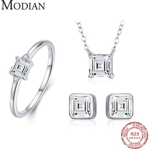 Modian 100% Real 925 Sterling Silver Classic Emerald cut Sets Clear CZ Shining Rings For Women Jewelry Necklace Fashion Earring
