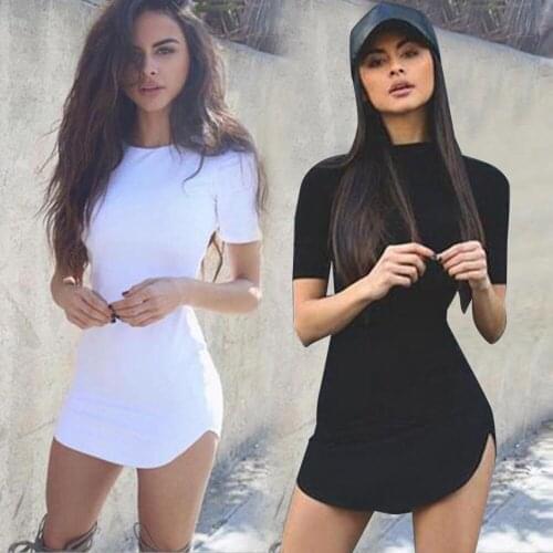 Sexy Short Sleeve Pure Color Mini Dress Women Summer Fashion O-neck Slit Short Dresses For Women 2021 White Slim Robe Femme