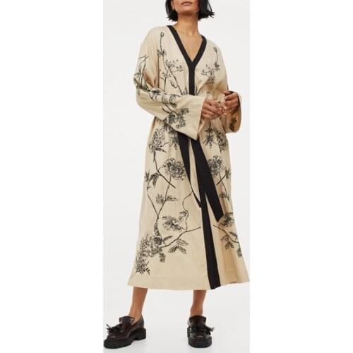 Flare Long Sleeve Dresss Women Casual Elastic Waist Vintage Floral Print 2021 Autumn Robe Side Split Boho Loose Dress
