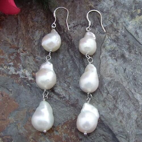 3'' White Keshi Pearl 925 Silver Hook Earring