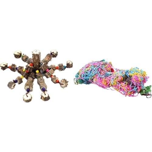 3x Bird Chewing Toys Parrot Cage Shredder Toy Foraging Hanging Toy & 1x Bird Toys Natural Wood Large Parrot Toy