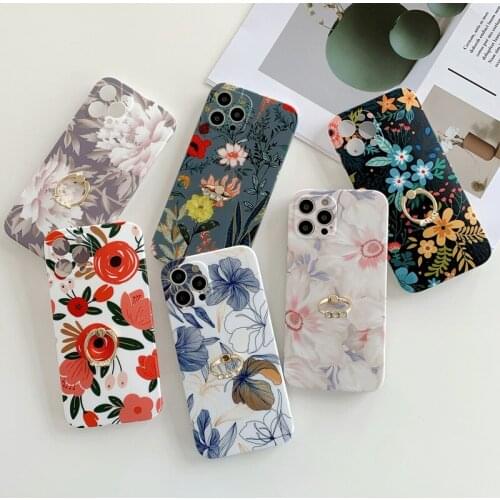 Phone Case For iPhone 12 11 Pro X XR XS Max 7 8 Plus SE 2 12 Mini Ring Holder Retro Flower Floral Colorful Soft IMD Phone Case