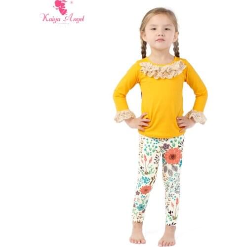 Kaiya Angel Yellow Cotton Blouse Tulip Windmill Flower Skinny Pantsgirls fashion Toddler Children Girl Clothing Set wholesale