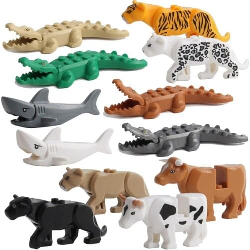 Animal Lockings Figures Assemble Building Bricks Animals Tiger Leopard Elephant Wolf Shark Polar Bear Whale Blocks Kids Toys