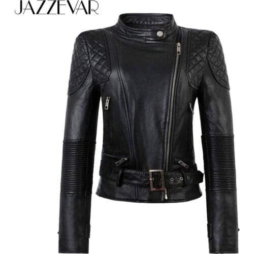 JAZZEVAR 2021 New Spring High Fashion Street Womens Real Genuine Leather Jacket slim fit Black Motorcycle Jackets short outwear