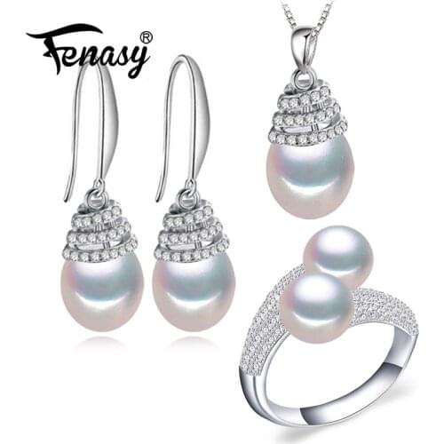 FENASY 925 Sterling Silver Jewelry Sets Natural Pearl Drop Earrings Necklace Wedding Pendant Necklaces For Women Party Ring Set