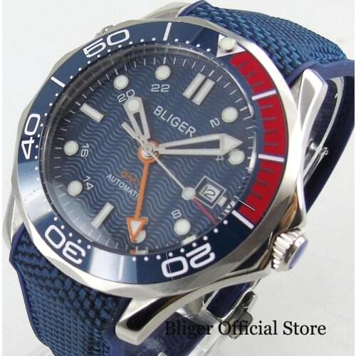 TOP Brand BLIGER Cool Style 41mm Automatic Mens Watch With GMT Hand Super Luminous Dial With Date Window