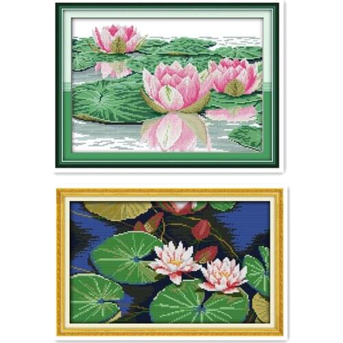 11CT 14CT Sewing Embroidery Cross-stitch Kit Beautiful blooming lotus in the pond Beautiful scenery Lotus leaf paintings