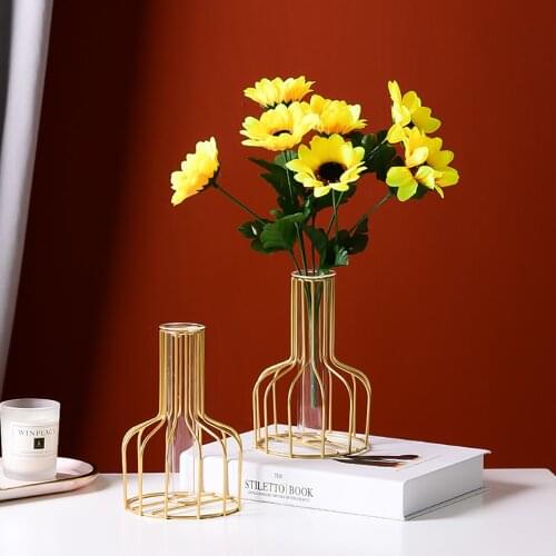 Nordic Simple Golden Glass Vase Hydroponic Plant Flower Vase Iron Geometric Glass Test Tube Metal Plant Holder Modern Home Decor