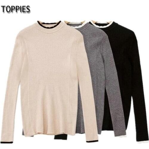 Toppies 2021 Autumn Women Slim Knitted Pullovers O-neck Contrast Color Basic Knitting Sweaters Khaki Black Gray Colors