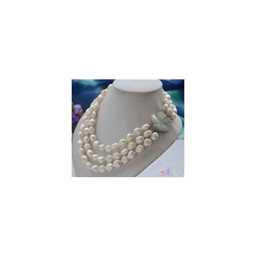 Natural pearl natural jewelry 3row 13mm white baroque freshwater cultured pearl necklace Bridal hook
