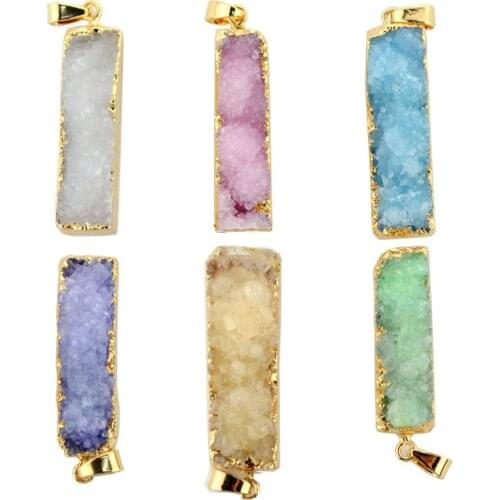 Gold Filled Ice Quartz Agates Pendant For Necklace Jewelry Pink white green Color Natural Crystal Stone Druzy Pendant 10*38mm