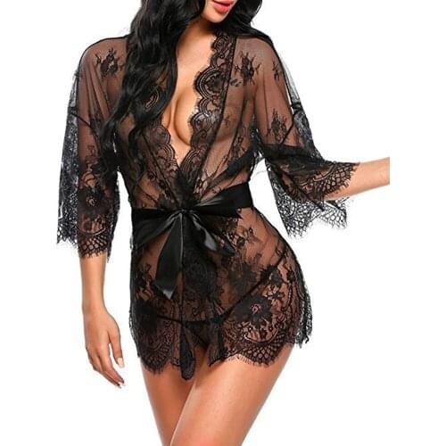 Sexy Fashion Lingerie New Black Lace Floral Ruffles Robe See-through Large Size V-Neck Nightdress Erotic Allure Pajamas