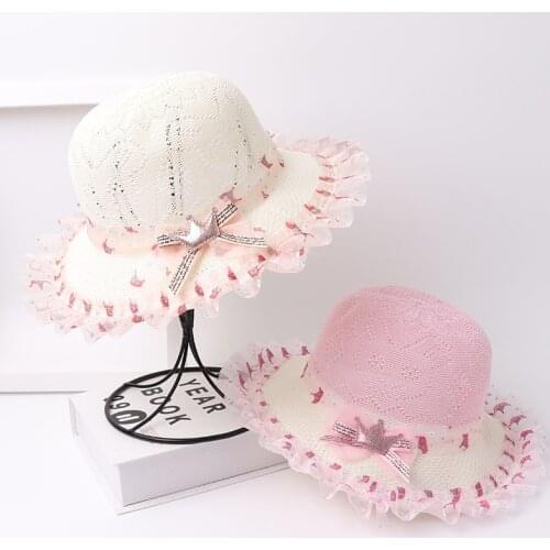 Summer Childrens straw hats Baby girls breathable lace Cap bow Beach Sun Hat Wide brim Kids Princess travel sunshade Hat