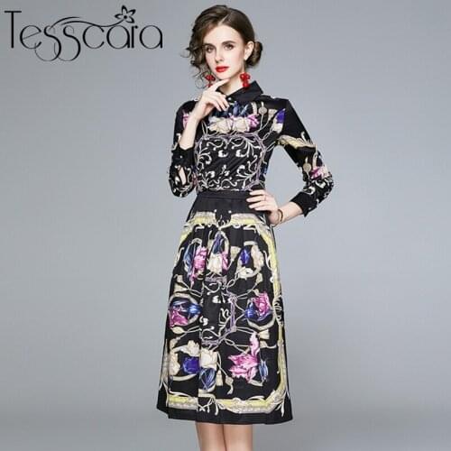 TESSCARA Women Autumn Vintage Print Dress Shirt Suit Set High Quality Elegant Party Robe Femme Runway Designer Black Vestidos